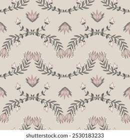 Elegant design features a delicate floral vine pattern with soft pink flowers gracefully intertwined on a warm beige background. Hand-drawn botanical design blends vintage charm and feminine appeal.