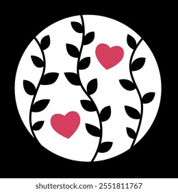 Elegant design featuring two hearts nestled amongst black leaves