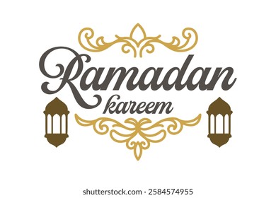 An elegant design featuring the words Ramadan Kareem, ornate flourishes, and traditional lanterns.