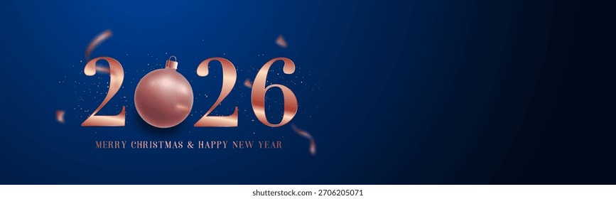 Diseño elegante que presenta el año 2026 con el ornamento del oro rosado y el fondo azul oscuro