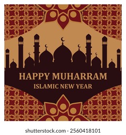 Elegant design for Islamic New Year featuring a mosque silhouette, intricate patterns, and celebratory text in warm colors. Perfect for commemorating the significance of Muharram in Islamic communitie