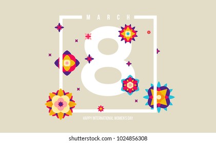 Elegant Design for March 8 International Women's Day Celebration. Paper cut Bright Flowers and Frame on Vintage Style Background 
