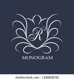 An elegant design monogram template for the letter R. Vector illustration on a dark blue background.