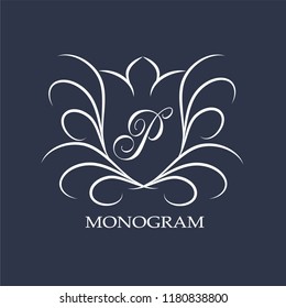 An elegant design monogram template for the letter P. Vector illustration on a dark blue background.