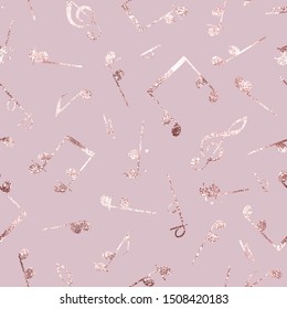Elegant design musical notes. Seamless pattern. Notes on solid background golden glitter marble imitation rose gold. Beautiful music backdrop. Delicate pattern. Musical notes. Modern stylish texture
