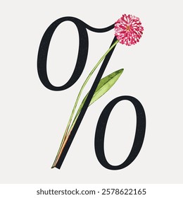 Elegant design of a percentage symbol with a pink flower and green leaf. The flower adds a natural touch to the percentage symbol, enhancing its visual appeal. Vintage floral font vector.