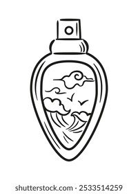 Elegant design of a perfume bottle with a beautiful view of the ocean in an Asian style. Vector illustration in sketch style. Marine aroma. For sticker, packaging, design element
