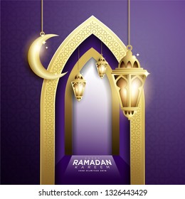 Elegant Design of Ramadan Kareem Background with Hanging Fanoos Lantern, Crescent & Mosque Gate in Gold & Purple Gradation Color