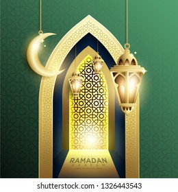 Elegant Design of Ramadan Kareem Background with Hanging Fanoos Lantern, Crescent & Mosque Gate in Green & Gold Gradation Color