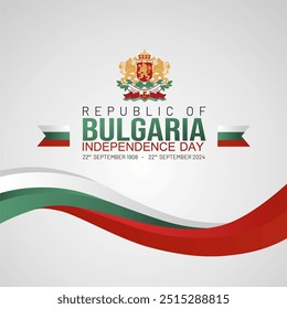 Elegantes Design der Republik Bulgarien Unabhängigkeitstag 22. September 2024 Grußkarte mit Wellenfahne und nationalem Emblem. Bulgarien Nationalfeiertag Hintergrund, Banner, Poster, Vorlage, Vektorgrafik