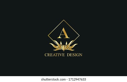 Elegant design of royal vector logo with letter A on black background. Stylish golden floral monogram for business, restaurant, boutique, cafe, hotel, labels and more.