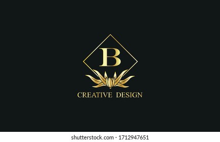 Elegante diseño del logo del vector real con letra B sobre fondo negro. Elegante monograma floral dorado para negocios, restaurante, boutique, café, hotel, etiquetas y más.