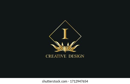 Elegant design of royal vector logo with letter I on black background. Stylish golden floral monogram for business, restaurant, boutique, cafe, hotel, labels and more.