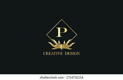 Elegant design of royal vector logo with letter P on black background. Stylish golden floral monogram for business, restaurant, boutique, cafe, hotel, labels and more.