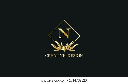 Elegant design of royal vector logo with letter N on black background. Stylish golden floral monogram for business, restaurant, boutique, cafe, hotel, labels and more.