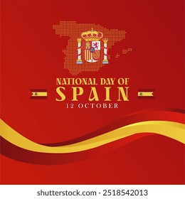 Elegante Design da Espanha Dia Nacional 12 de outubro de 2024 Cartão de Saudação com Bandeira de Fita 3D, Emblema Nacional e Mapa Pontilhado. Ilustração de vetor de Espanha, Plano de fundo, Banner, Modelo