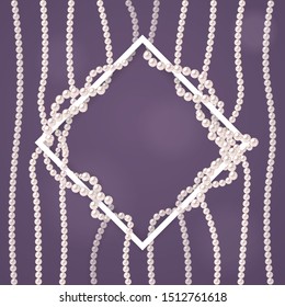 Elegant design template. White frame with pearl strings on dark purple background. Vector template for banner, flyer or wedding invitation. Concept for grand opening or great offer.