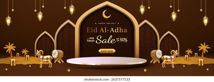 Elegant design themed for Eid Al Adha with golden sheep, stars, crescent, and lanterns, promoting a festive discount sale.
