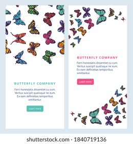 Elegant design of two cards or flyers with pattern of flying exotic tropical butterflies and text. Butterflies with various colorful ornaments on open wings. Vector flat illustration