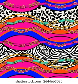 Elegant design vector illustration featuring silver chains, pink leather belts, gold lines, intricate braids, golden rings. For fashion, textile prints, silk scarves and accessories.
