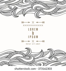 Elegant design waves border. Wavy striped pattern black and white. Frame hand drawn doodle style. Template for card, invitation or poster. Looking great with golden text. Vector is EPS8.