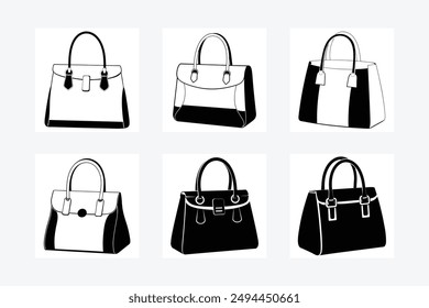 Elegant designer handbag silhouette and line art vector illustration, perfect for fashion and accessory designs. Ideal for creating stylish, modern, and trendy visuals.