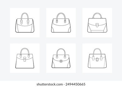 Elegant designer handbag silhouette and line art vector illustration, perfect for fashion and accessory designs. Ideal for creating stylish, modern, and trendy visuals.