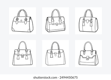 Elegant designer handbag silhouette and line art vector illustration, perfect for fashion and accessory designs. Ideal for creating stylish, modern, and trendy visuals.