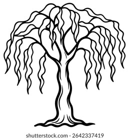 Ilustração em preto e branco elegante e detalhado apresenta uma graciosa árvore de salgueiro chorão com galhos em cascata e folhagem exuberante. 