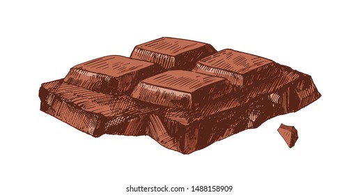 Elegant detailed realistic drawing of part of broken chocolate bar. Sweet tasty dessert or delicious confection isolated on white background. Colored hand drawn vector illustration in vintage style.
