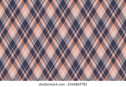 Elegant diagonal plaid pattern in muted peach, gray, and navy.  Perfect for textile design, website backgrounds, or fall-themed projects.