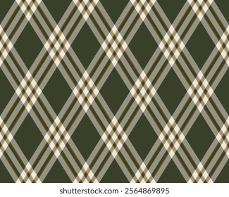 Elegant diagonal plaid pattern in muted green, beige, and gold. Ideal for textile design, autumnal projects, or adding a touch of sophisticated style to your work. Seamless repeat texture.