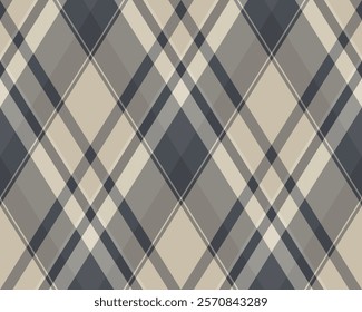 Elegant diagonal plaid pattern in muted beige, gray, and dark gray tones.  Perfect for website backgrounds, textile designs, or stylish stationery.