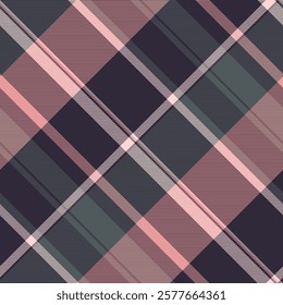 Elegant diagonal plaid pattern in muted pink, gray, and dark teal.  Perfect for textile design, apparel, wrapping paper, or website backgrounds.