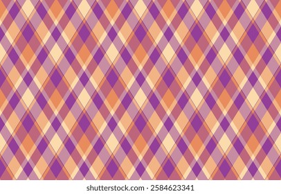 Elegant diagonal plaid pattern in muted orange, purple, and beige tones. Perfect for textile design, website backgrounds, or fashion illustrations.