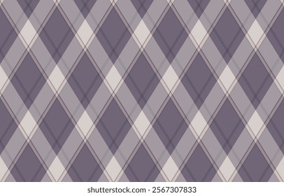 Elegant diagonal plaid pattern in soft purple and beige tones.  Perfect for textile design, website backgrounds, or stationery.  Seamless repeat for versatile use.