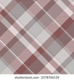 Elegant diagonal plaid pattern in soft muted tones of pink, gray, and maroon.  Perfect for textile design, apparel, website backgrounds, or packaging.  Subtle texture adds visual interest.