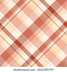 Elegant diagonal plaid pattern in soft peach, coral, and cream tones.  Perfect for textile design, fashion, branding, or website backgrounds.