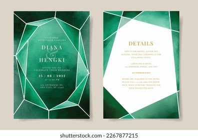 Elegant diamond emerald green watercolor on wedding invitation card template
