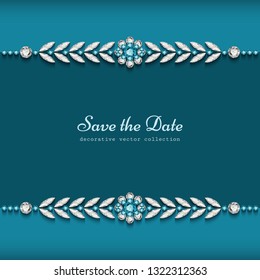 Elegant diamond jewelry background with ornamental borders, jewellery decoration for wedding invitation or save the date card template, vector illustration with place for text. svg