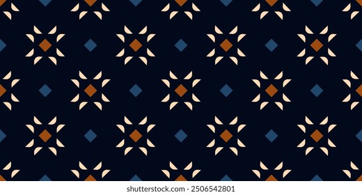 Elegant diamond pattern classic patchwork style stars background. Marine blue banner with small orange squares starry motif. Modern style fabric design textile swatch ladies dress allover print block.