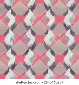 Elegant diamond-shaped design in pink, grey, and white,  grunge lines ikat pattern, striped seamless pattern, Vector illustration background for print the paper.