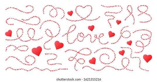 Elegant different shape lines with red hearts isolated on a white background for Valentines Day or wedding design. Vector illustration