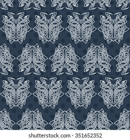 Elegant difficult curled ornamental gothic tattoo seamless pattern. Celtic style. Maori. Weaving. Colored image.