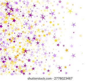 Elegant diffused stars vector background. Party decor elements in violet yellow colors. Colorful star random fragments. Spectacle concept. Heaven abstract objects.