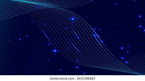 Elegant digital artwork features light cyan sine wave lines and dispersed sparkling star shapes over a gradient dark blue background evoking technology and cosmic themes