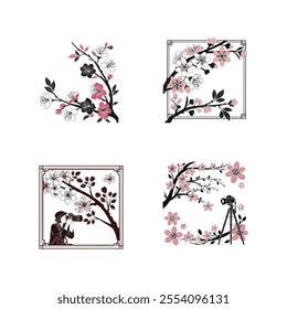 Elegant digital artwork featuring a pink and black floral frame inspired by Chinese aesthetics, perfect for photocall backdrops and decorative designs.