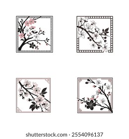 Elegant digital artwork featuring a pink and black floral frame inspired by Chinese aesthetics, perfect for photocall backdrops and decorative designs.