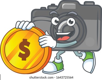 an elegant digital camera mascot cartoon design with gold coin