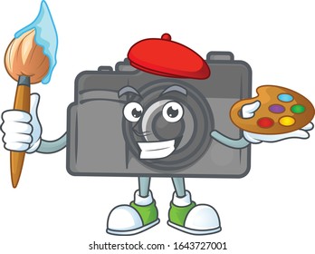 An elegant digital camera painter mascot icon with brush